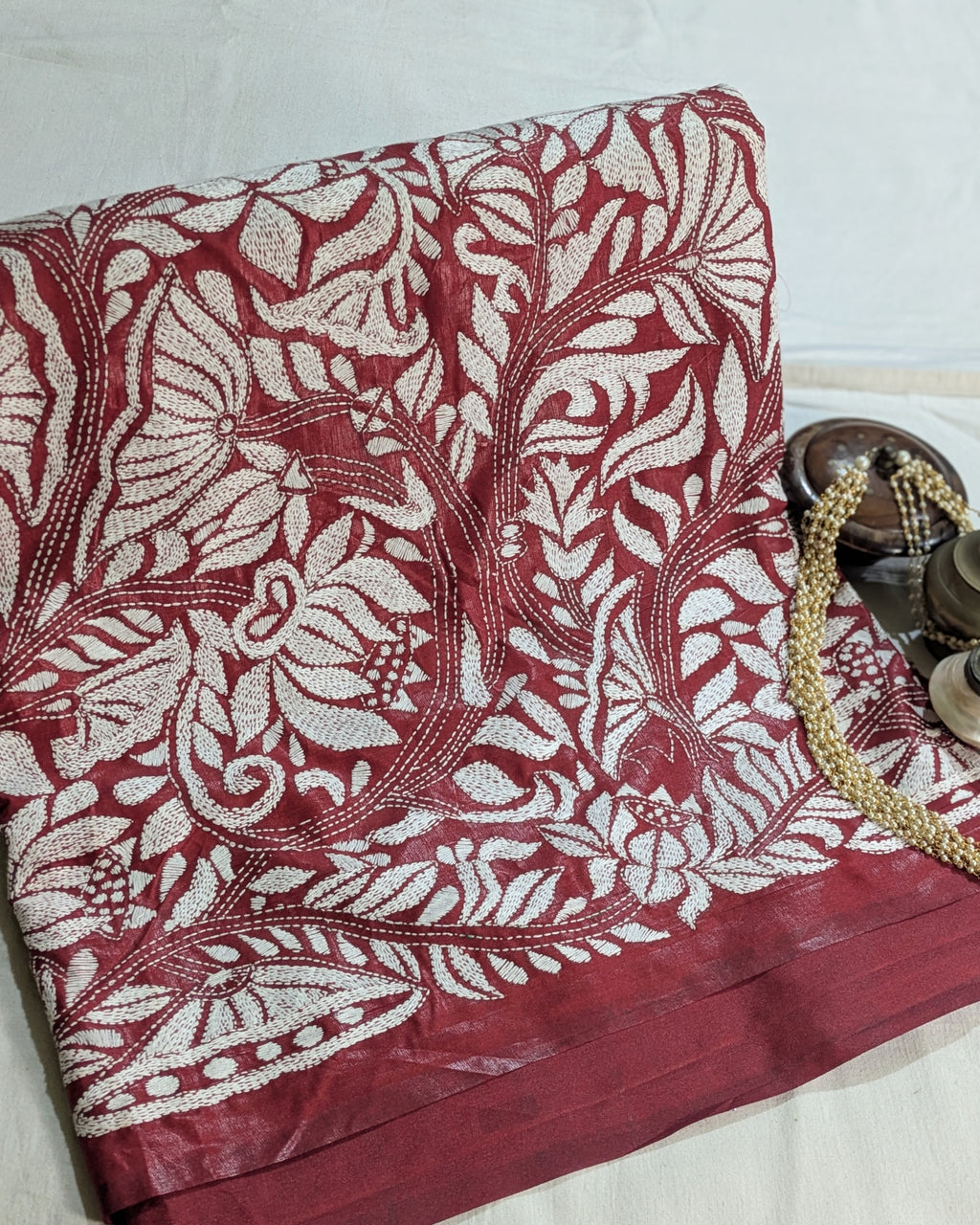 Kantha Stitch Sari with Blouse Piece Maroon