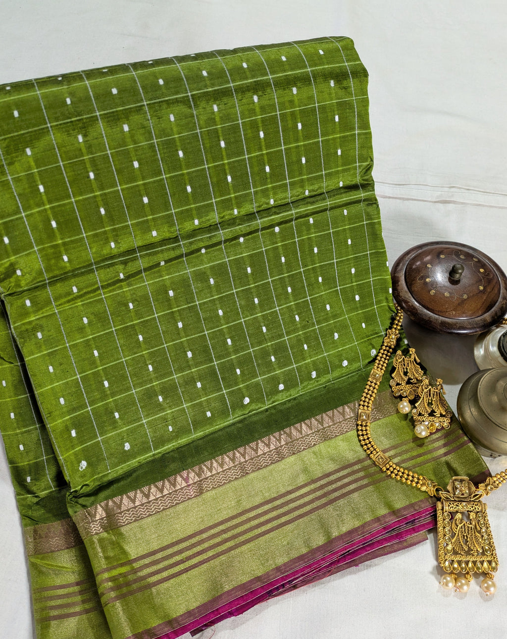 Bishnupuri Kalakshetra Sari Green Check (Silk Mark)