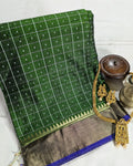 Bishnupuri Kalakshetra Sari Bottle Green Check (Silk Mark)