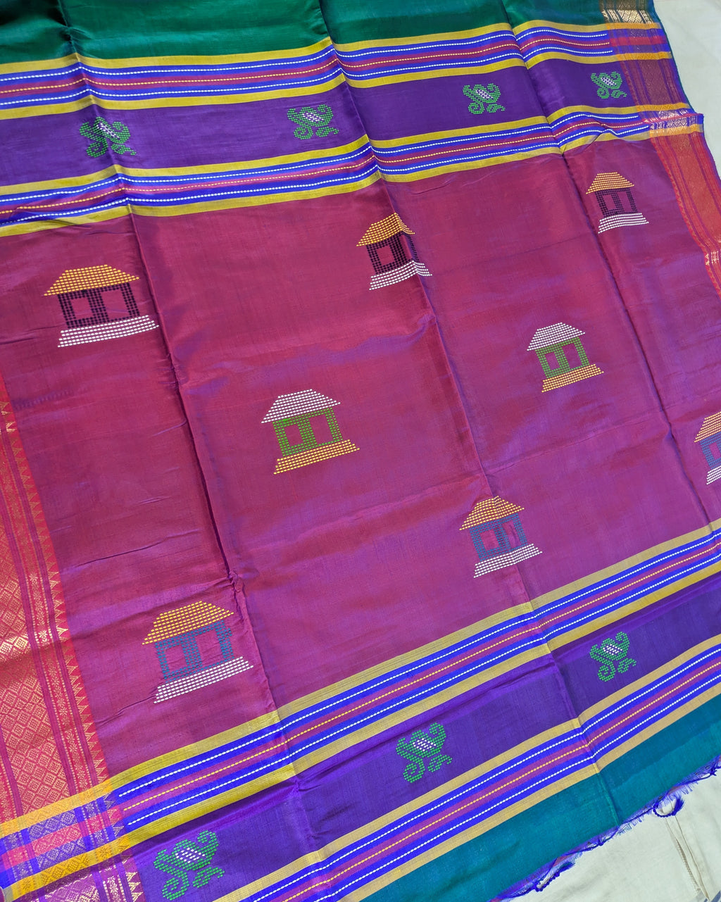 Bishnupuri Kalakshetra Sari Peacock-blue 2 (Silk Mark)