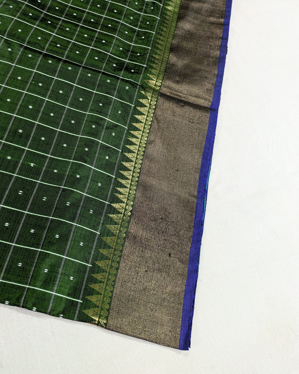 Bishnupuri Kalakshetra Sari Bottle Green Check (Silk Mark)