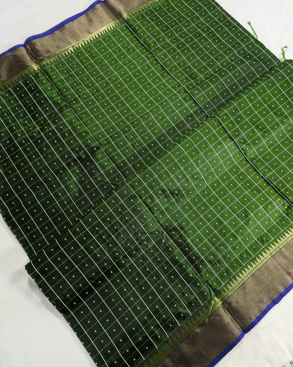 Bishnupuri Kalakshetra Sari Bottle Green Check (Silk Mark)