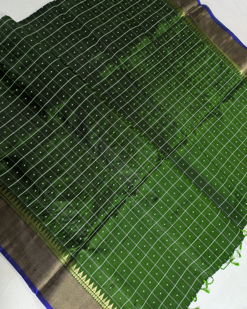 Bishnupuri Kalakshetra Sari Bottle Green Check (Silk Mark)