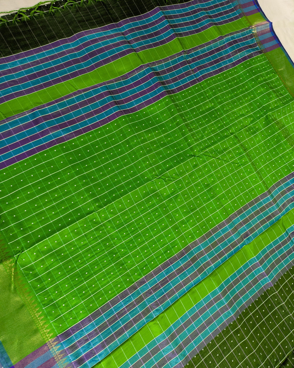 Bishnupuri Kalakshetra Sari Bottle Green Check (Silk Mark)