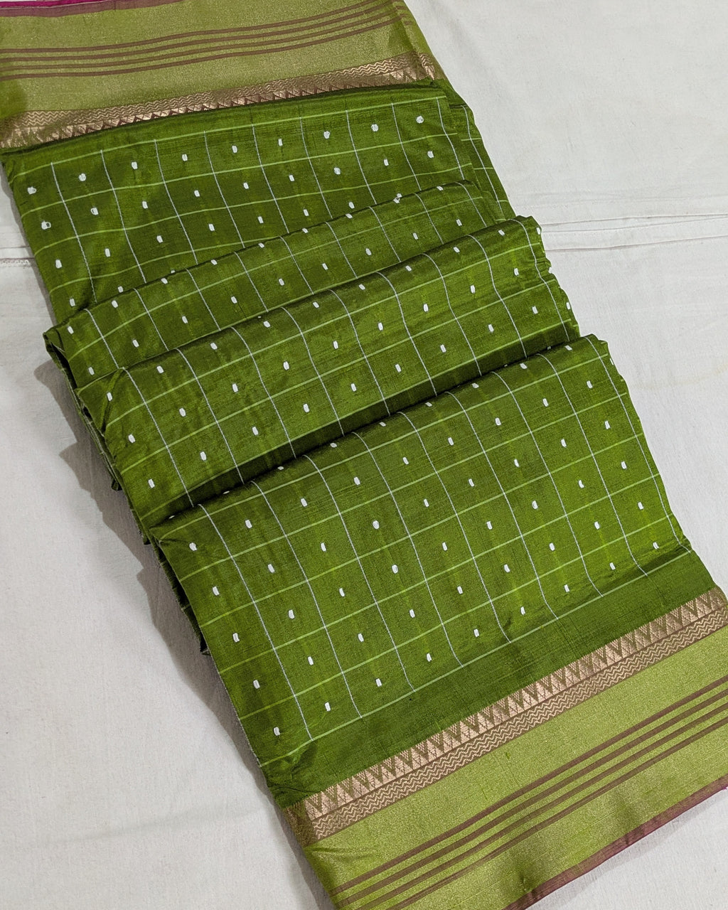 Bishnupuri Kalakshetra Sari Green Check (Silk Mark)