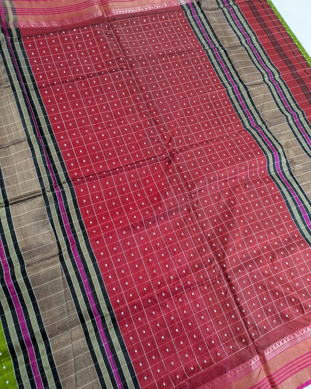 Bishnupuri Kalakshetra Sari Green Check (Silk Mark)