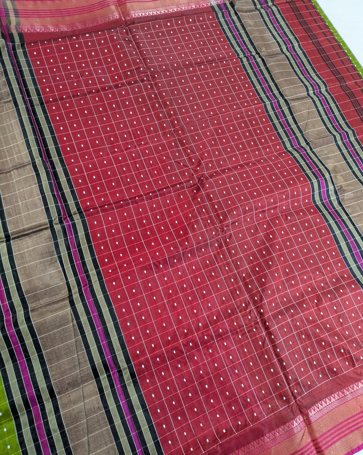 Bishnupuri Kalakshetra Sari Green Check (Silk Mark)