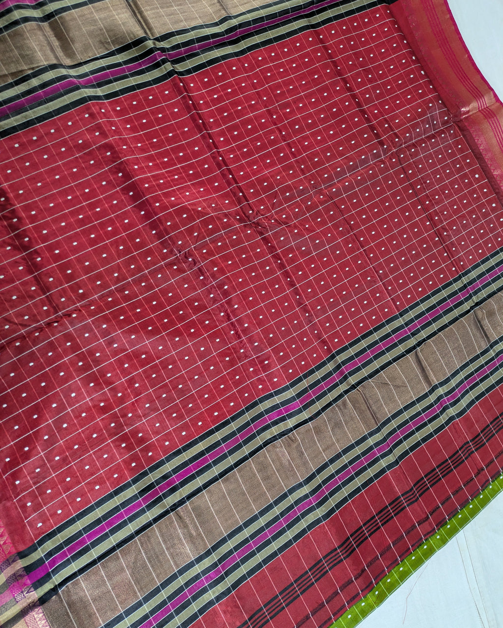 Bishnupuri Kalakshetra Sari Green Check (Silk Mark)