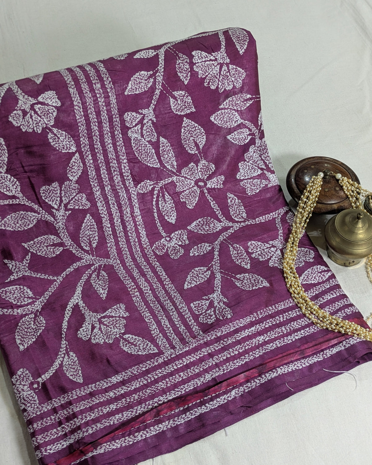 Batik Kantha Stitch Sari with Blouse Piece Wine-red