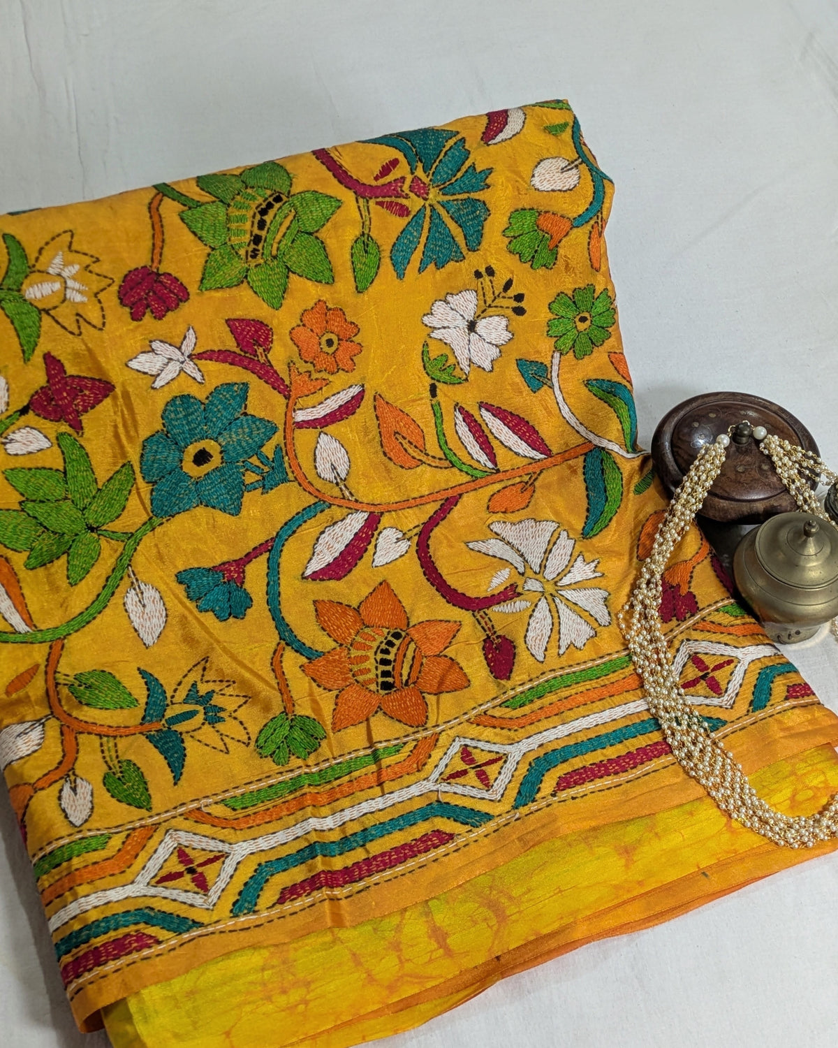 Batik Kantha Stitch Sari with Blouse Piece Yellow