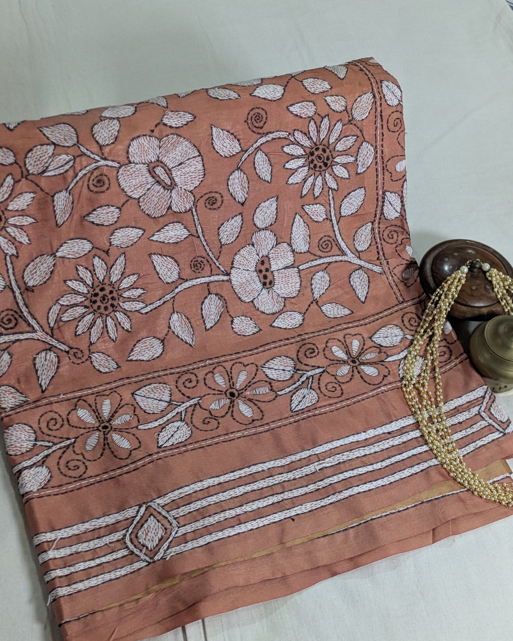 Batik Kantha Stitch Sari with Blouse Piece Light Brown