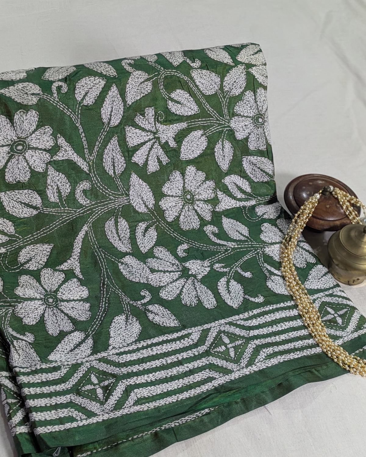Batik Kantha Stitch Sari with Blouse Piece Green