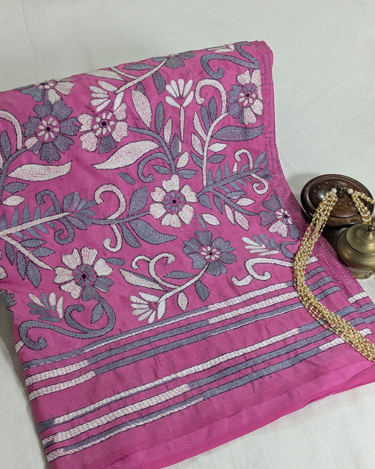 Kantha Stitch Sari with Blouse Piece Pink