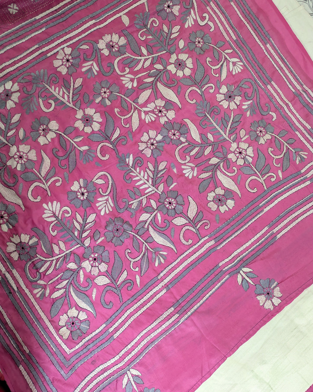 Kantha Stitch Sari with Blouse Piece Pink