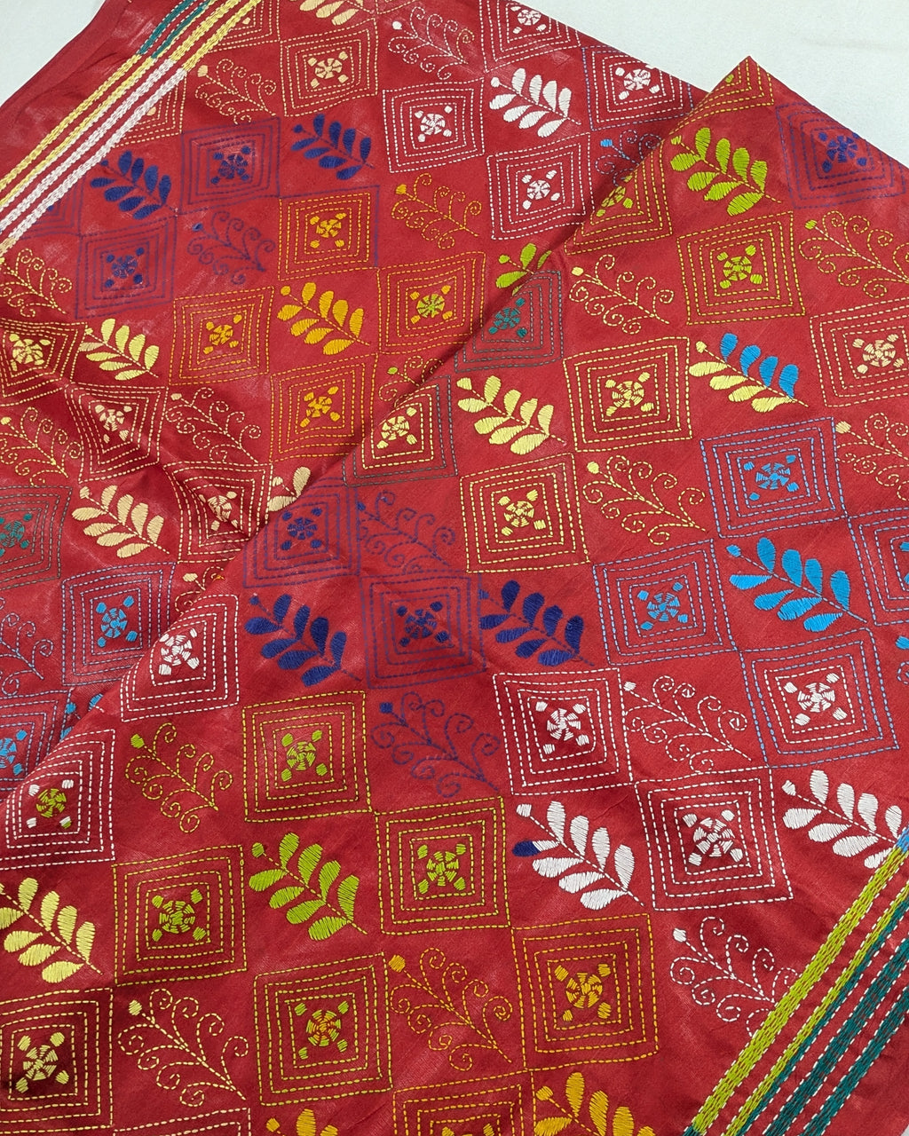 Kantha Stitch Sari with Blouse Piece Red 2