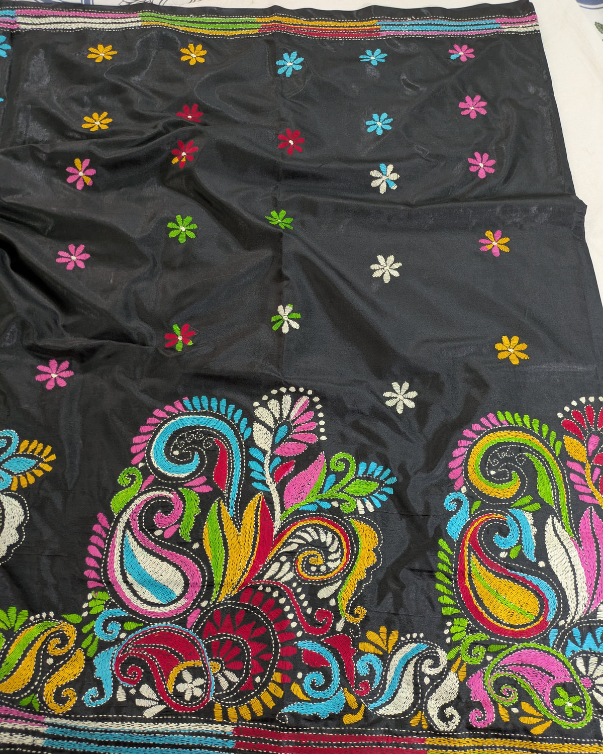 Kantha Stitch Sari with Blouse Piece Black