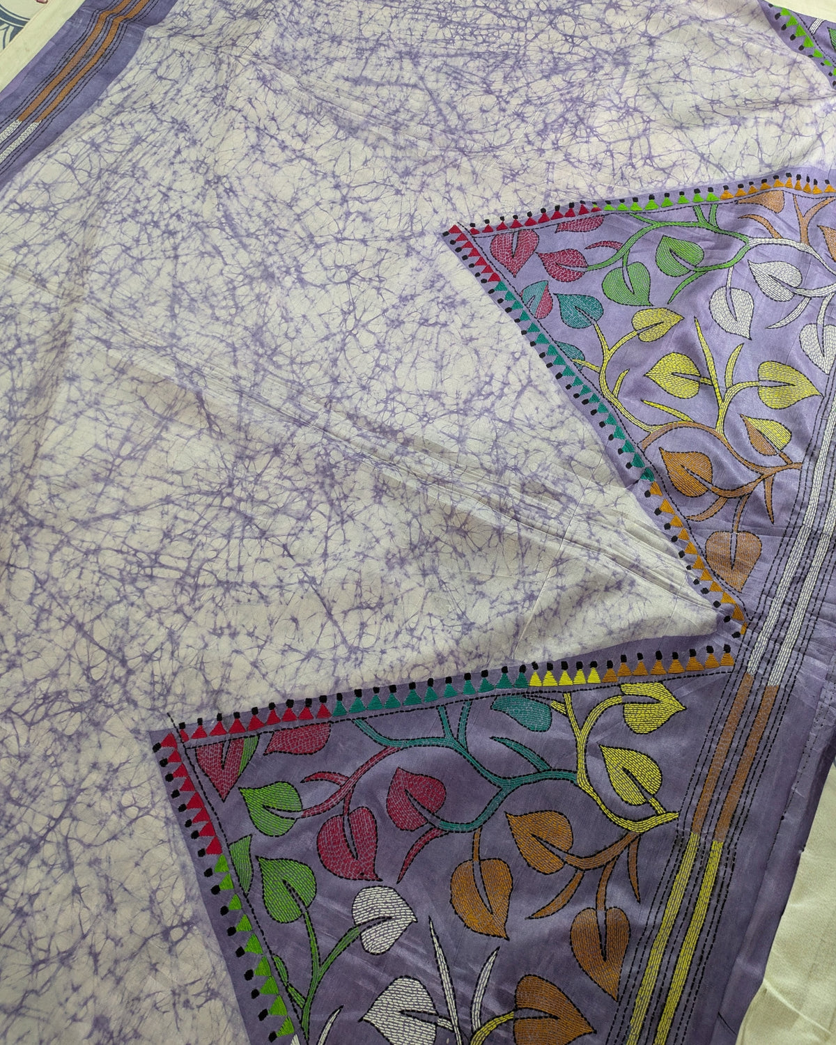 Batik Kantha Stitch Sari with Blouse Piece Off-white