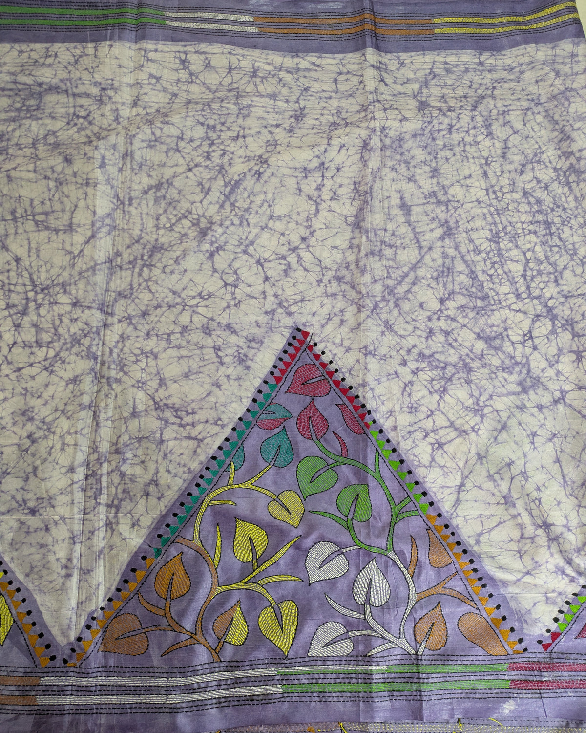 Batik Kantha Stitch Sari with Blouse Piece Off-white