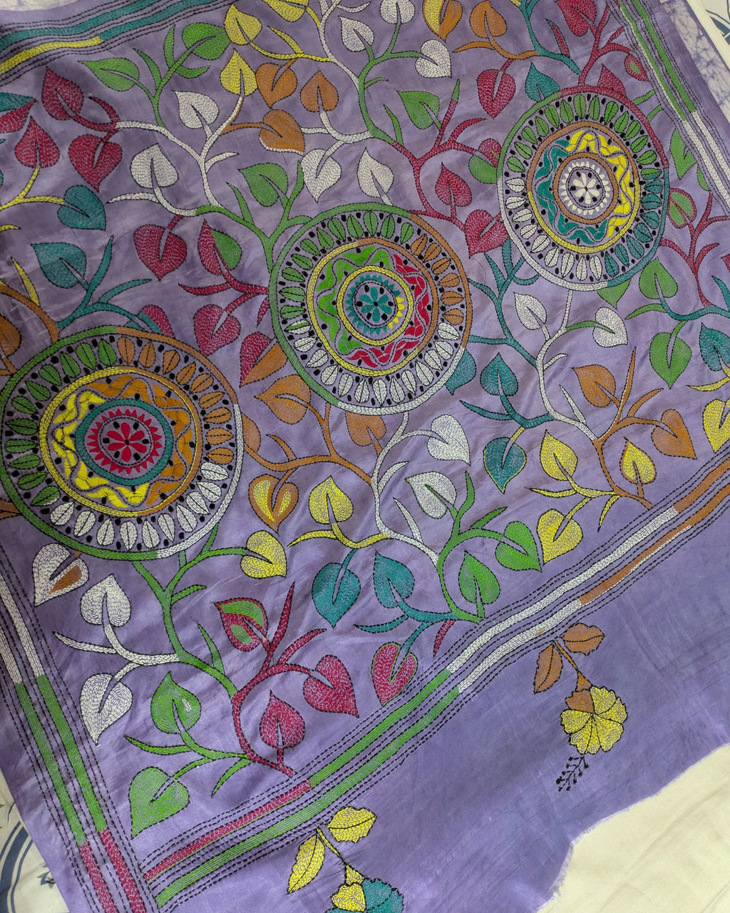 Batik Kantha Stitch Sari with Blouse Piece Off-white