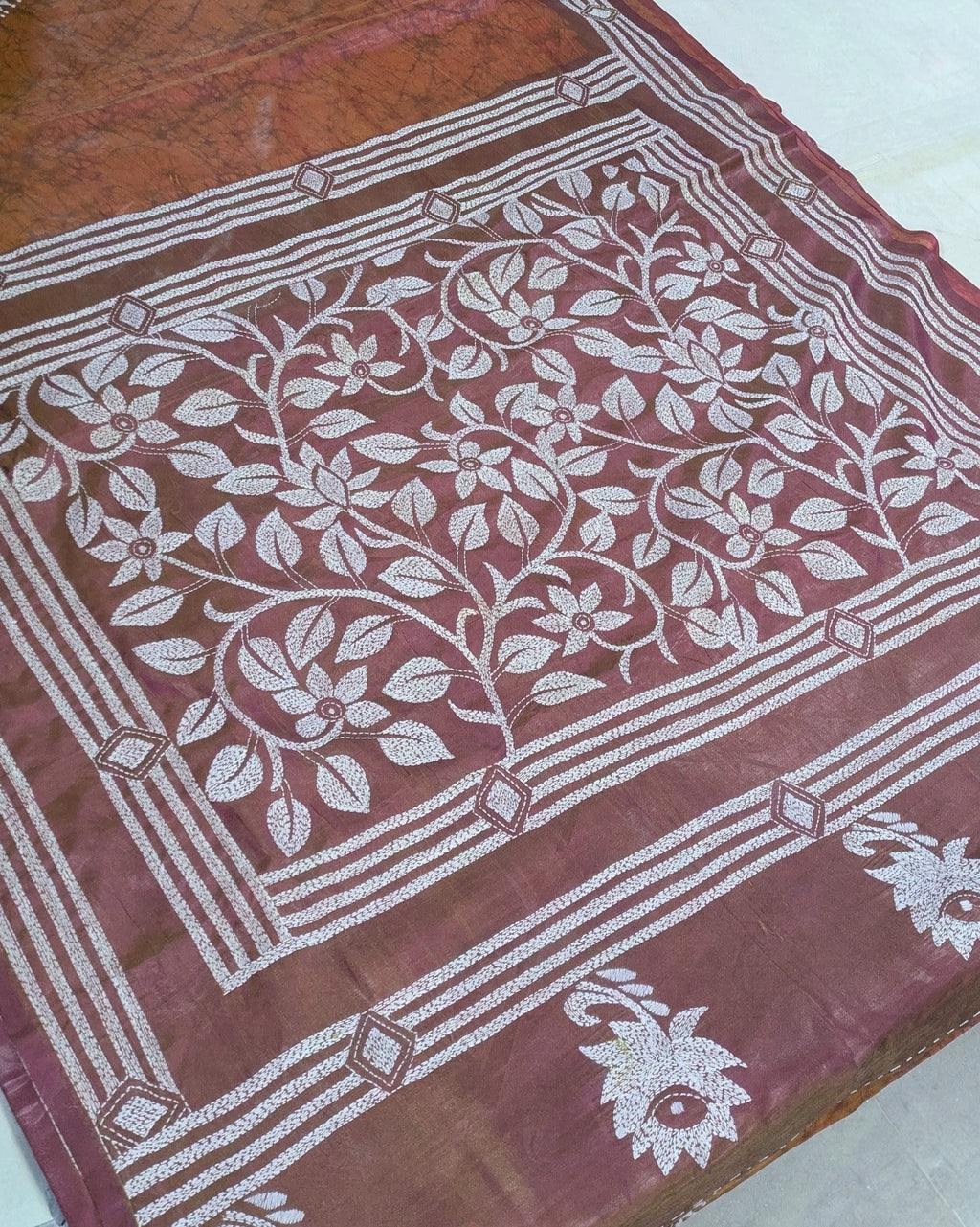 Batik Kantha Stitch Sari with Blouse Piece Rust