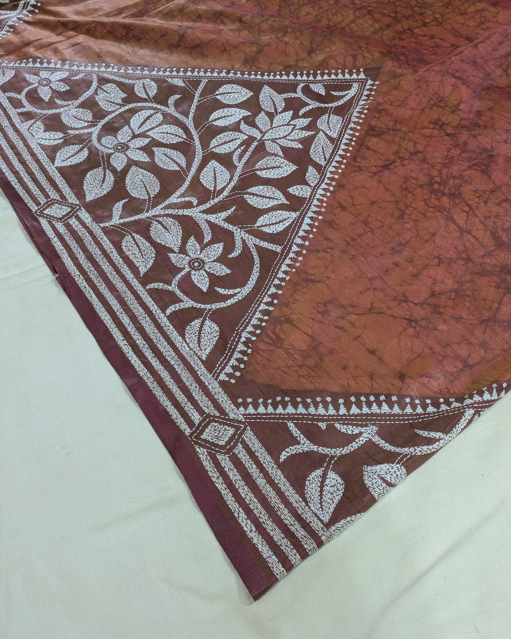 Batik Kantha Stitch Sari with Blouse Piece Rust