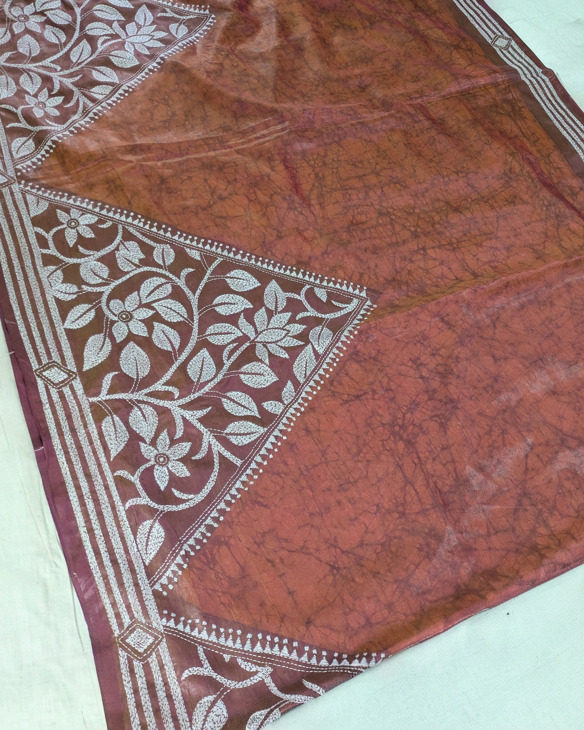 Batik Kantha Stitch Sari with Blouse Piece Rust