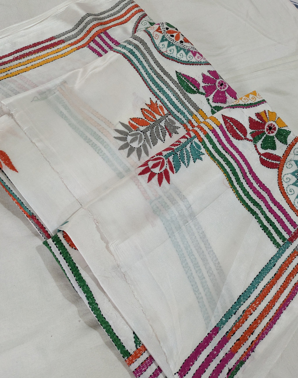 Kantha Stitch Sari with Blouse Piece White