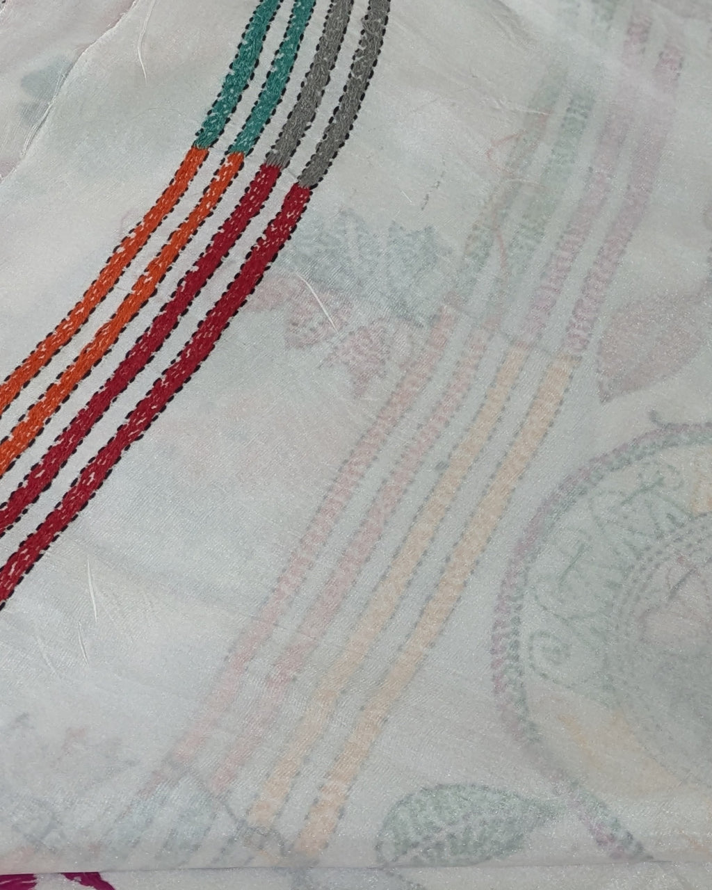 Kantha Stitch Sari with Blouse Piece White