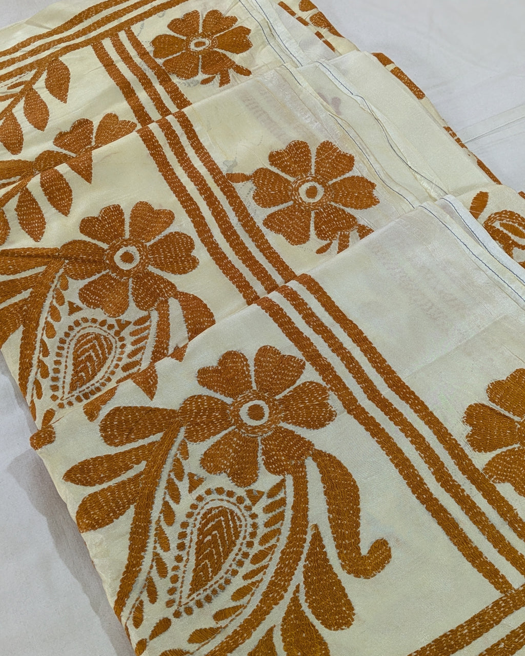 Kantha Stitch Sari with Blouse Piece Butter Colour