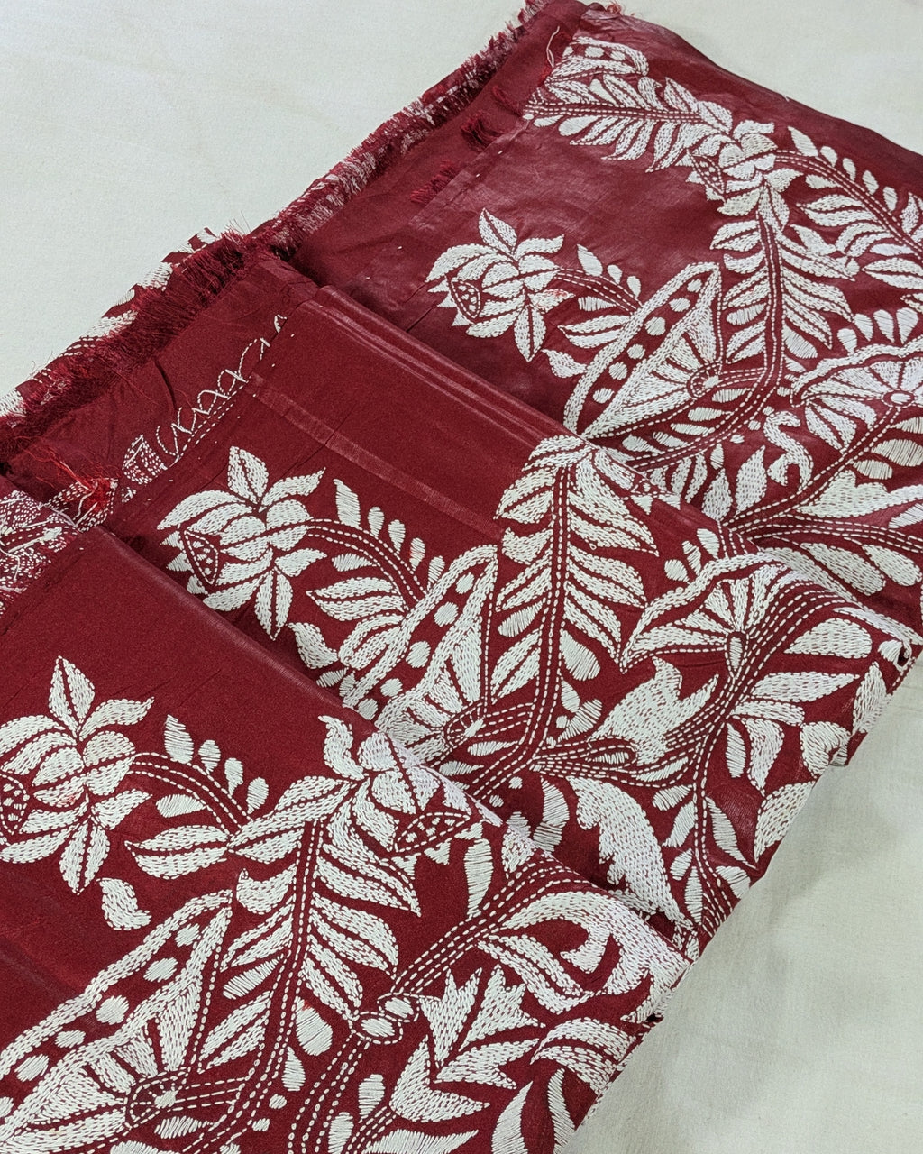Kantha Stitch Sari with Blouse Piece Maroon