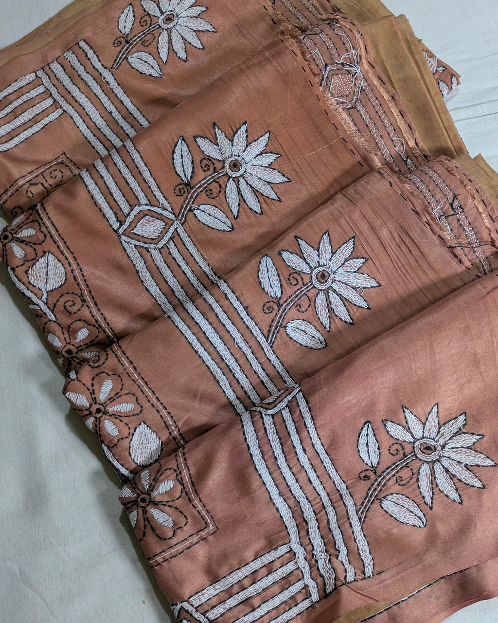 Batik Kantha Stitch Sari with Blouse Piece Light Brown