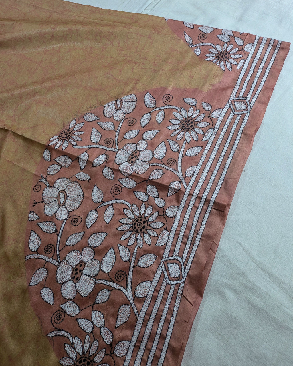 Batik Kantha Stitch Sari with Blouse Piece Light Brown