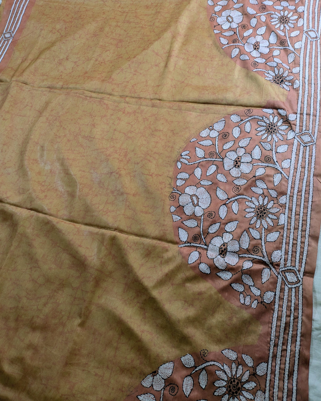 Batik Kantha Stitch Sari with Blouse Piece Light Brown