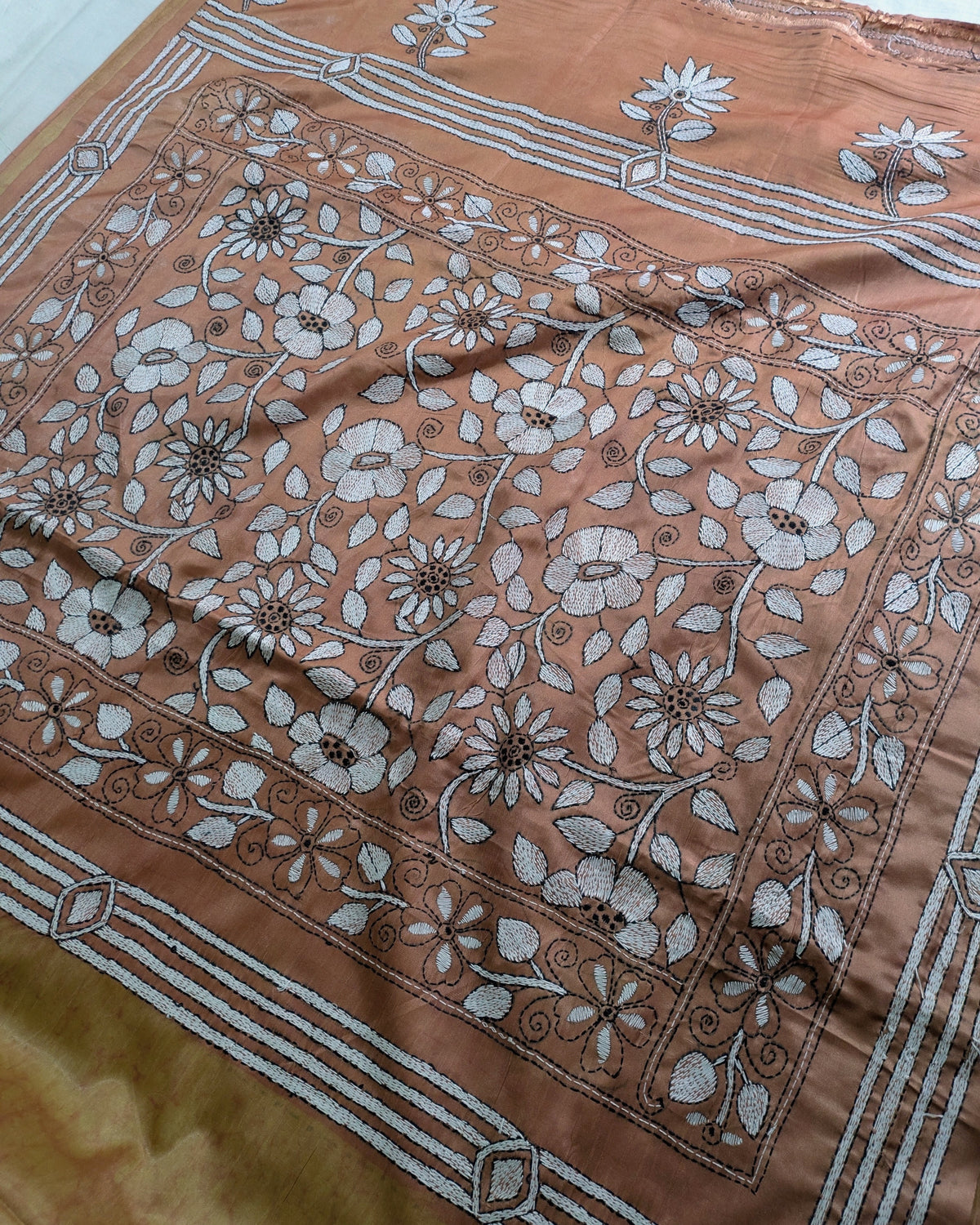 Batik Kantha Stitch Sari with Blouse Piece Light Brown