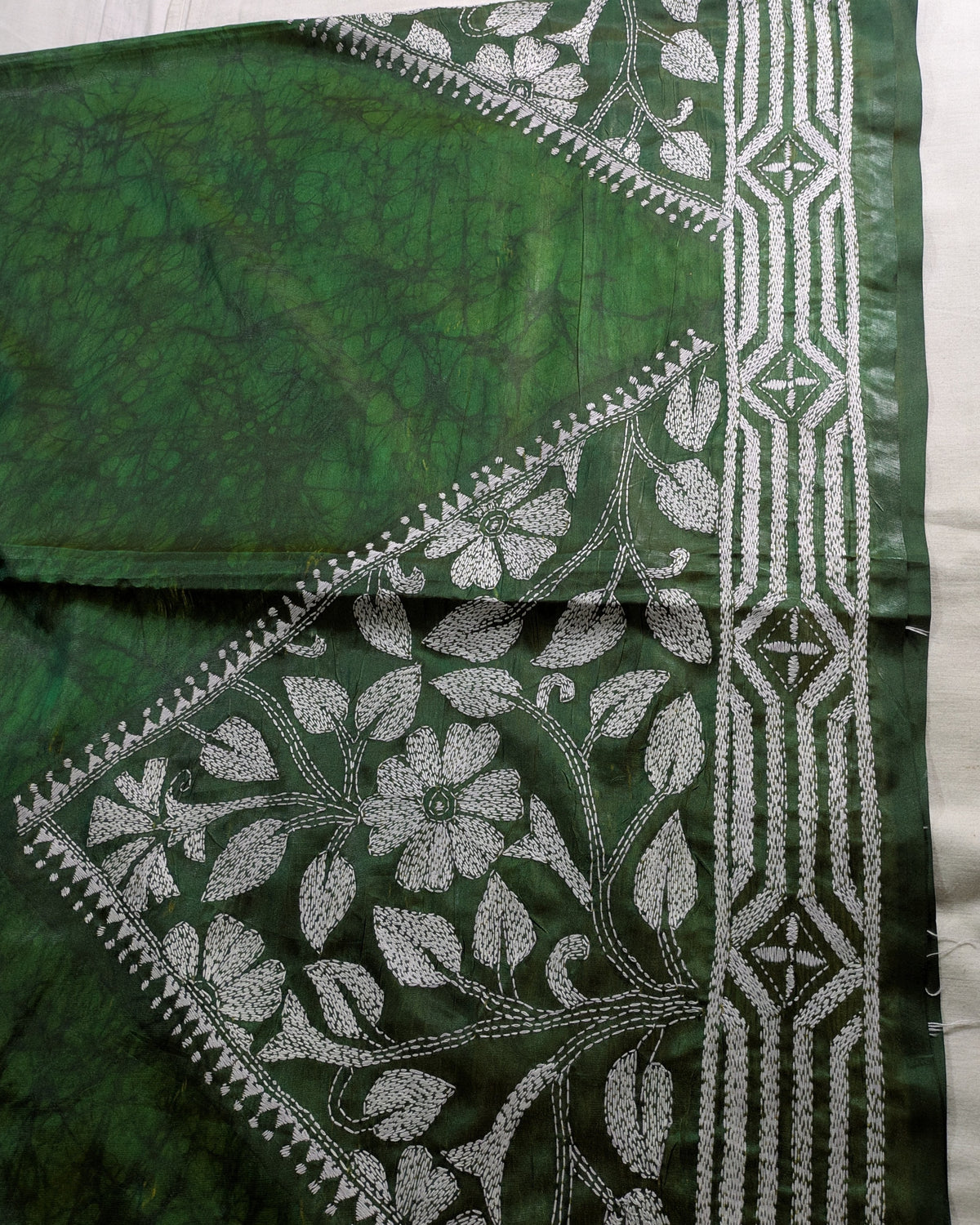 Batik Kantha Stitch Sari with Blouse Piece Green