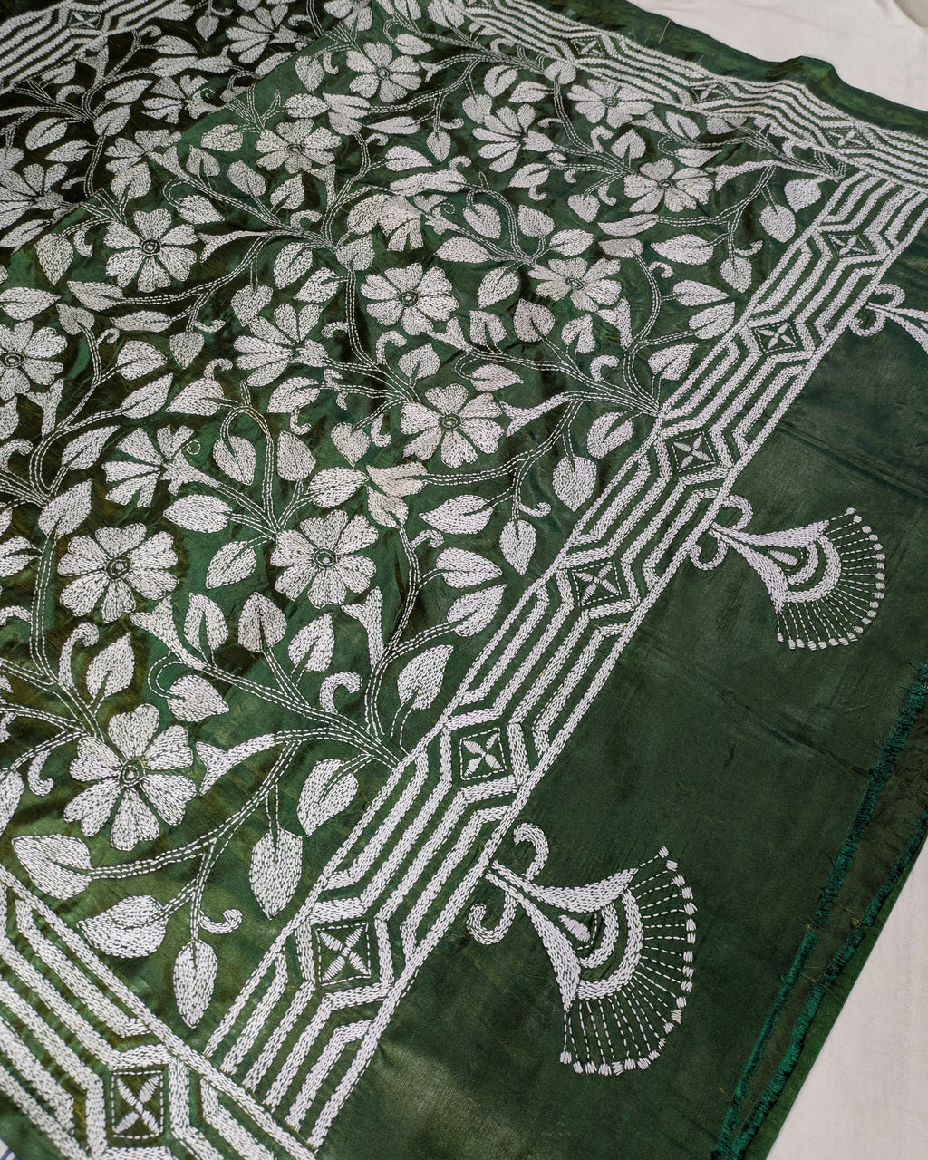 Batik Kantha Stitch Sari with Blouse Piece Green
