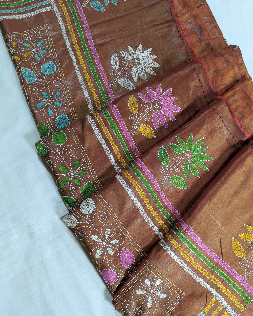 Batik Kantha Stitch Sari with Blouse Piece Rust-brown