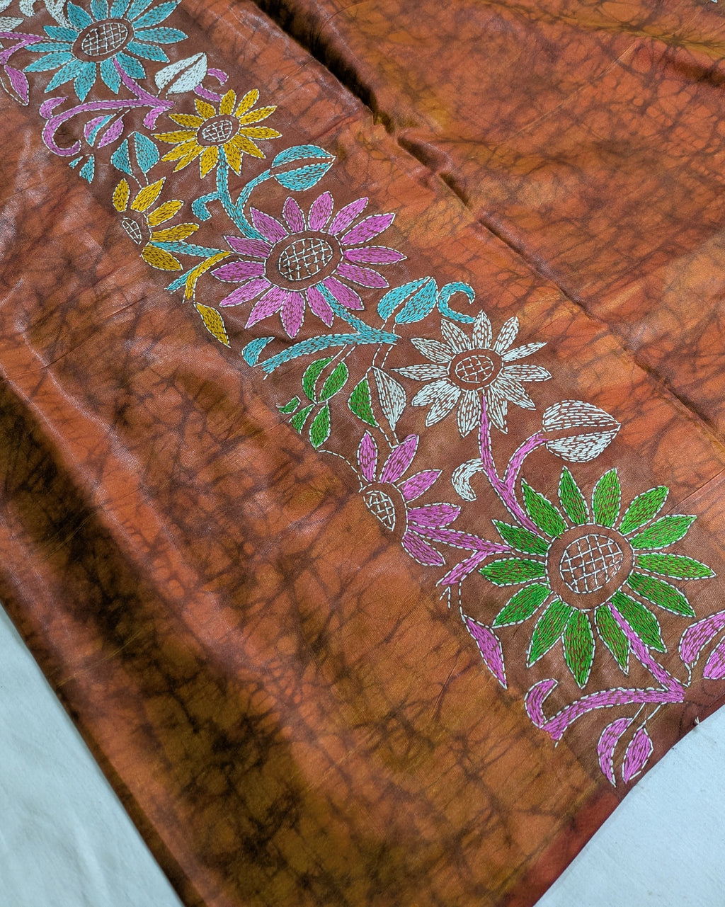 Batik Kantha Stitch Sari with Blouse Piece Rust-brown
