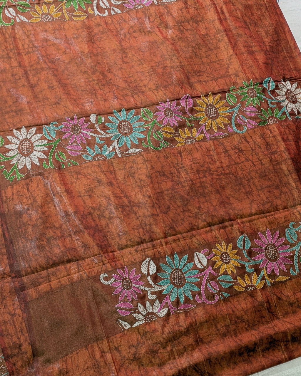 Batik Kantha Stitch Sari with Blouse Piece Rust-brown
