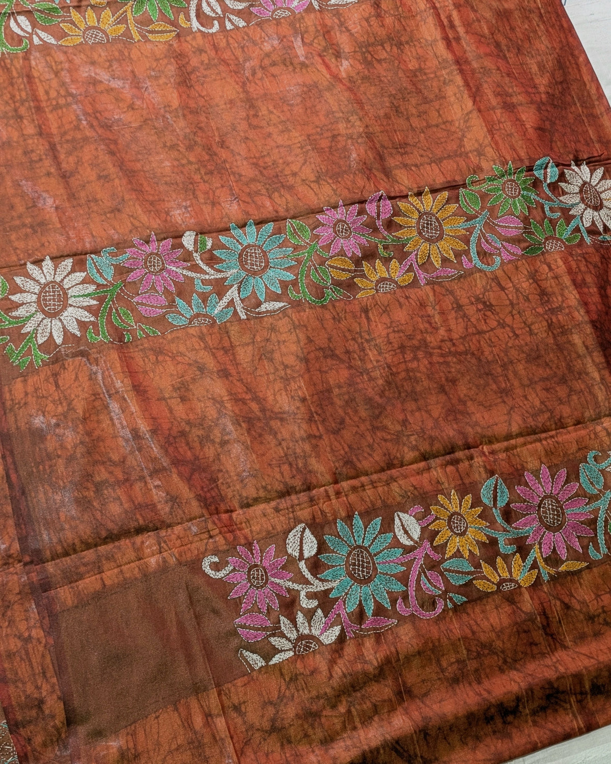 Batik Kantha Stitch Sari with Blouse Piece Rust-brown