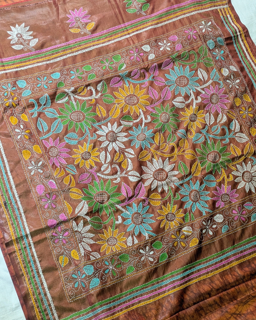 Batik Kantha Stitch Sari with Blouse Piece Rust-brown