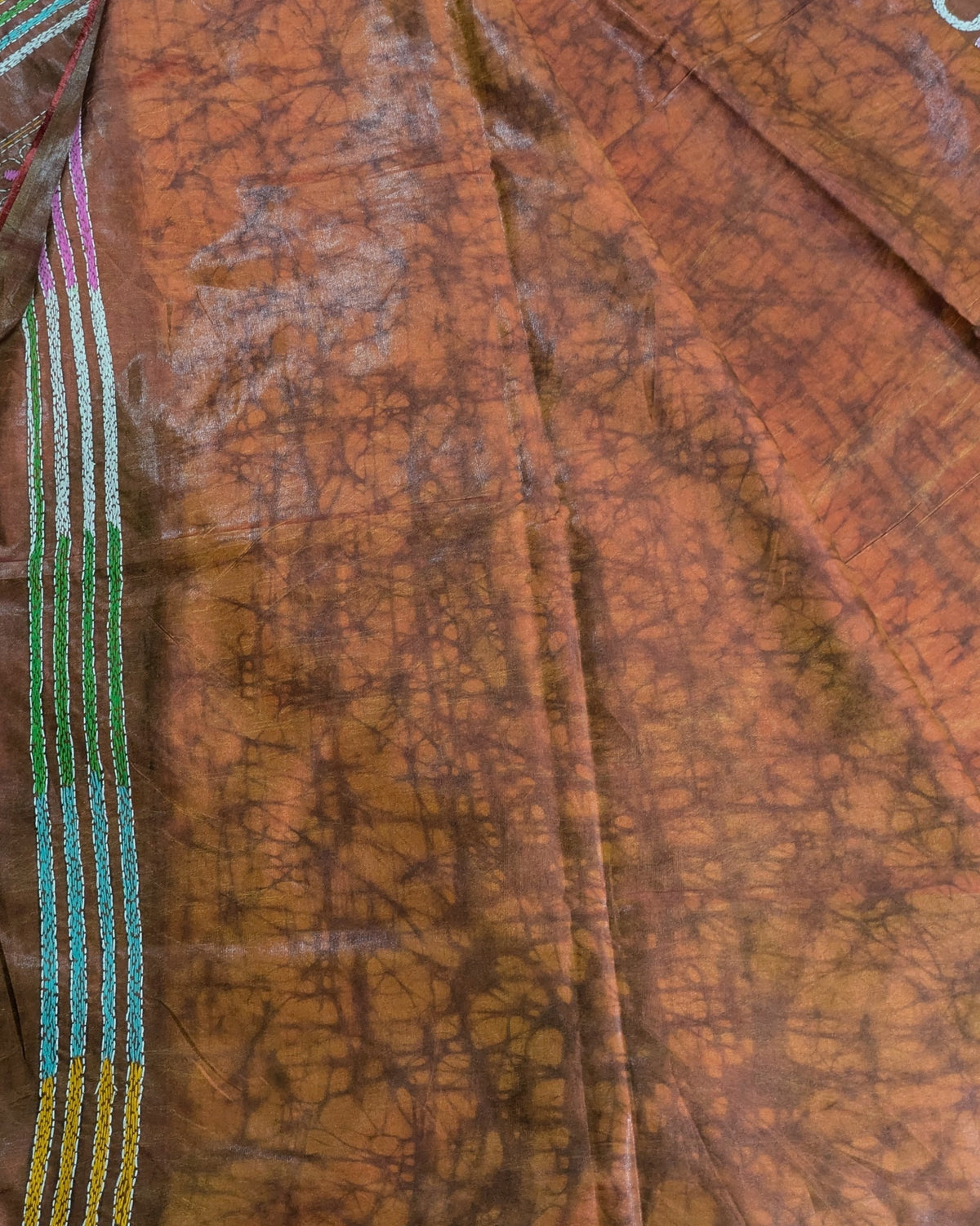 Batik Kantha Stitch Sari with Blouse Piece Rust-brown