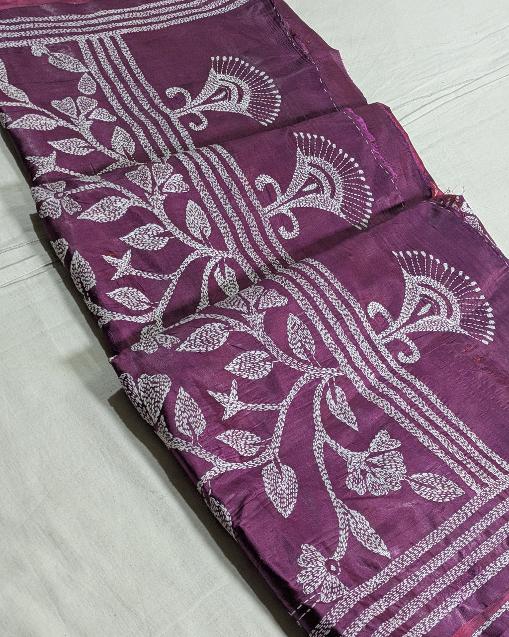 Batik Kantha Stitch Sari with Blouse Piece Wine-red