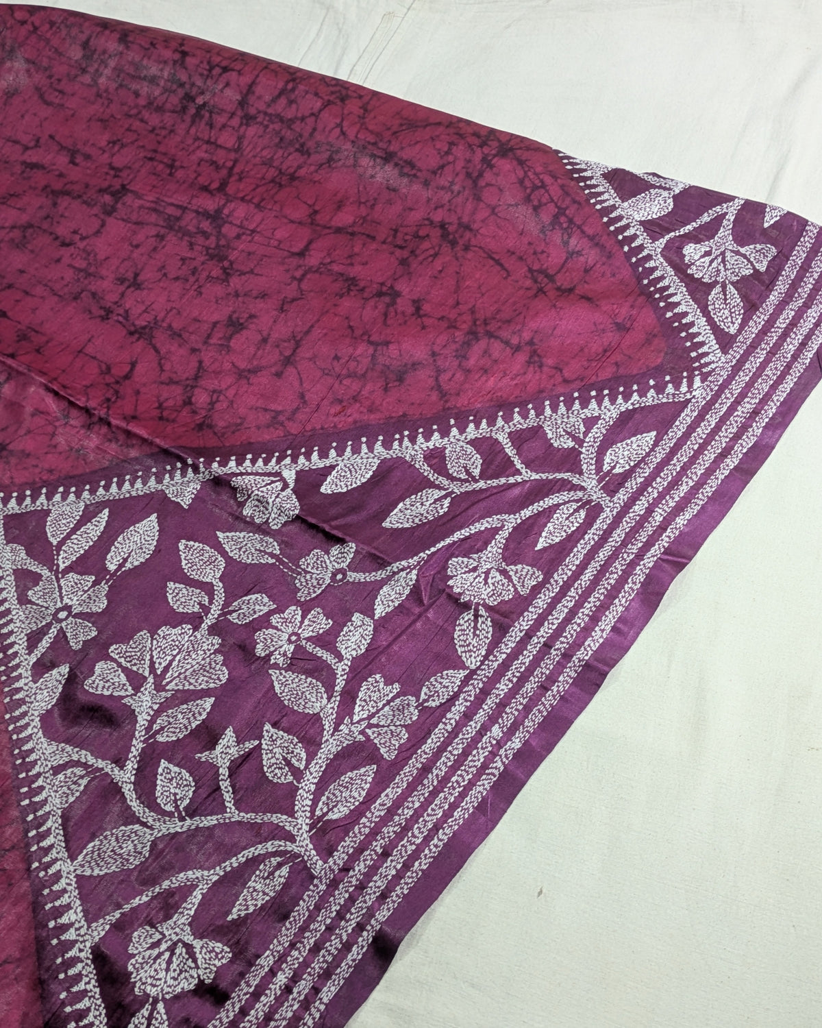 Batik Kantha Stitch Sari with Blouse Piece Wine-red