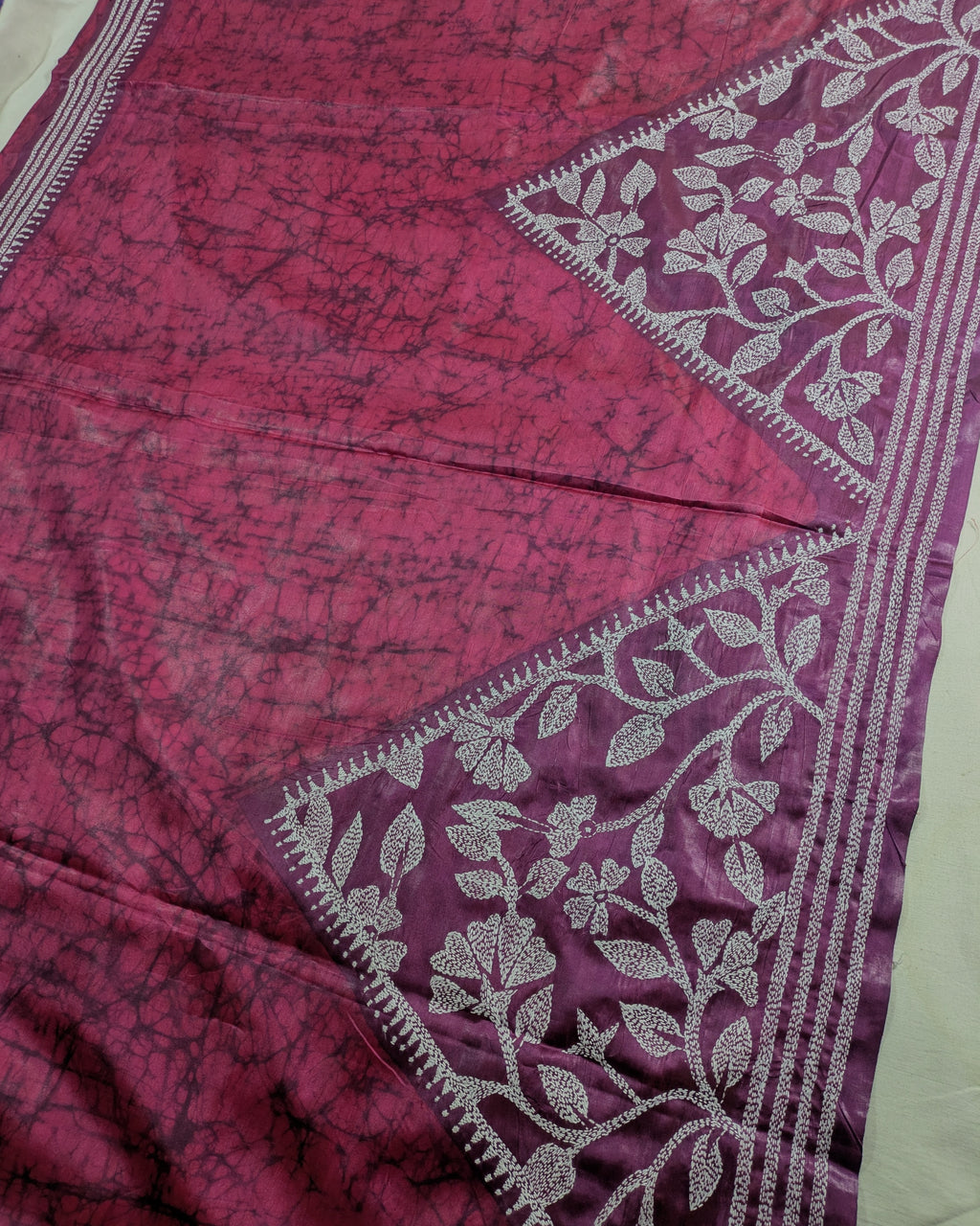 Batik Kantha Stitch Sari with Blouse Piece Wine-red