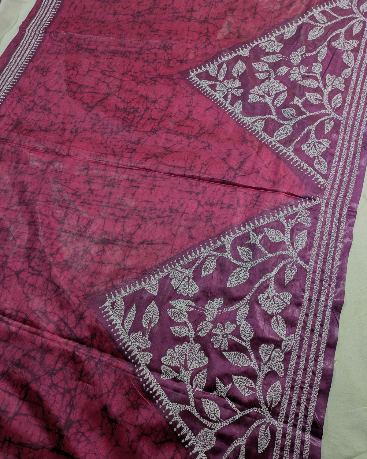 Batik Kantha Stitch Sari with Blouse Piece Wine-red