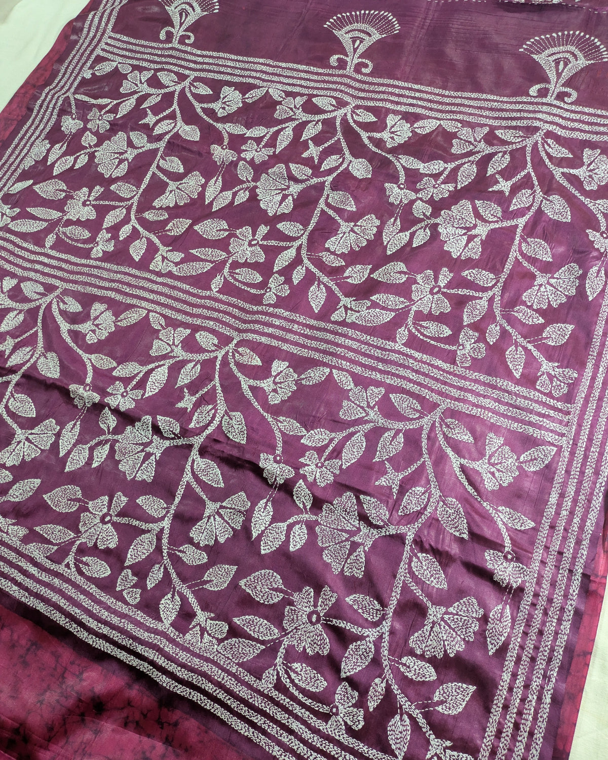Batik Kantha Stitch Sari with Blouse Piece Wine-red