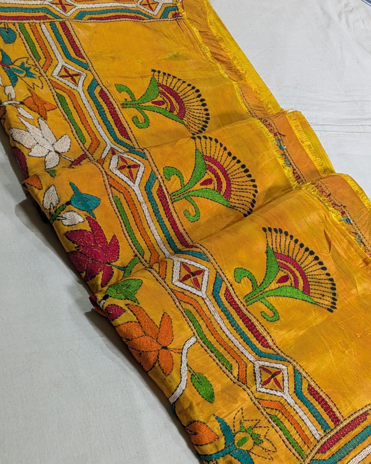 Batik Kantha Stitch Sari with Blouse Piece Yellow