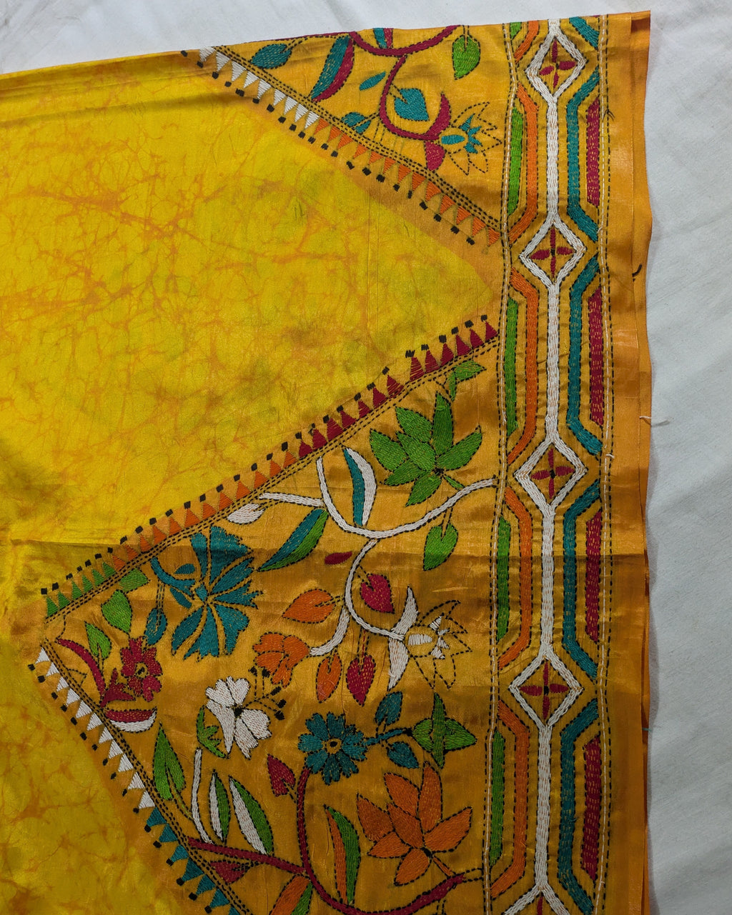 Batik Kantha Stitch Sari with Blouse Piece Yellow