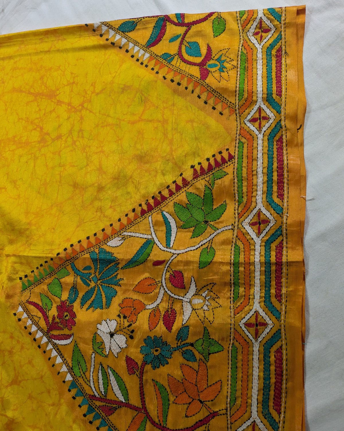 Batik Kantha Stitch Sari with Blouse Piece Yellow